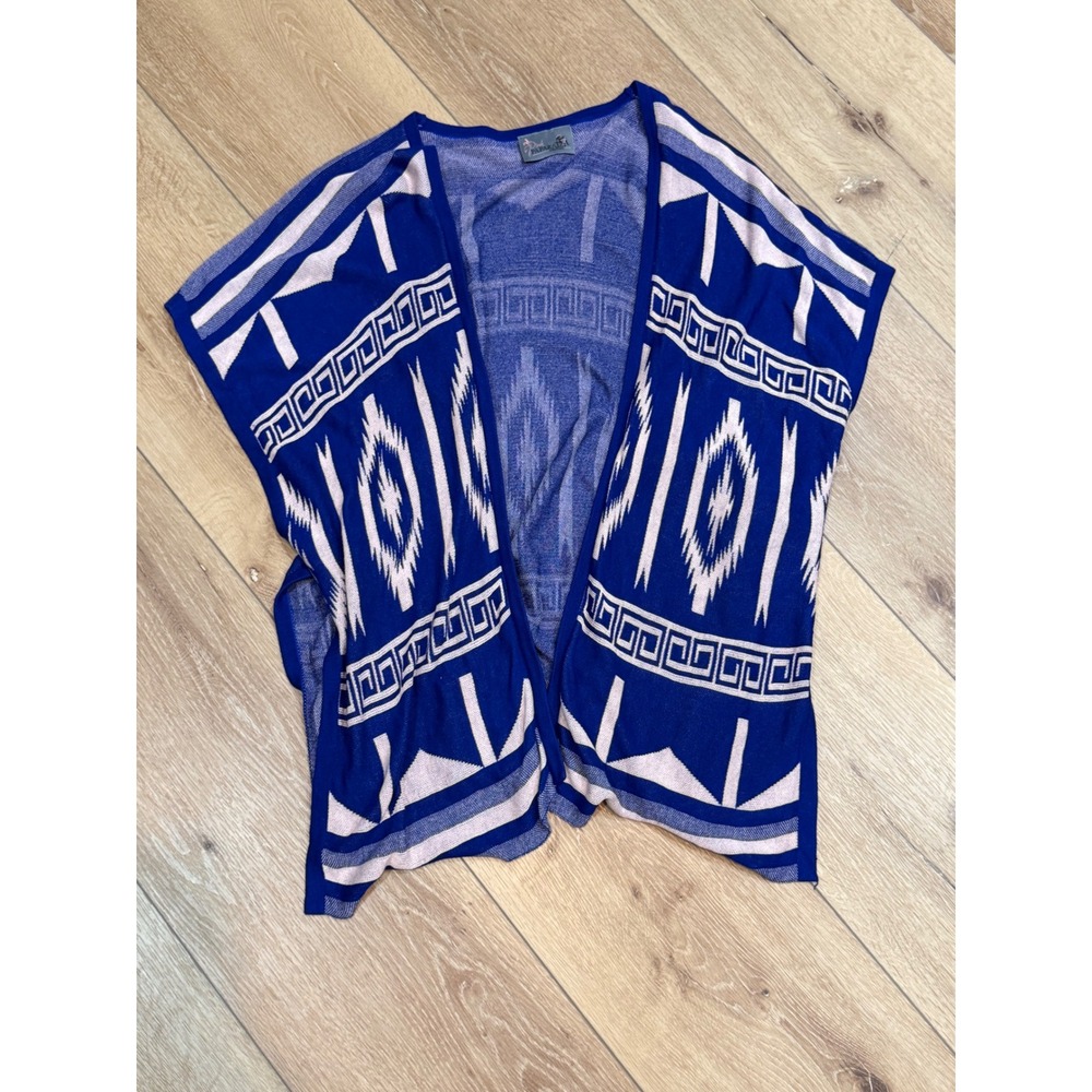 Pink Paparazzi Couture Blue Geometric Tribal Knit Poncho Vest Open Front OS